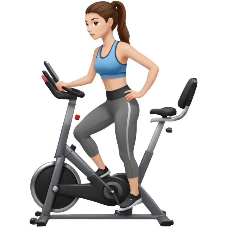 woman with long brown hair pulled back, fair skin, wearing ankle-length leggings on a stationary bike emoji