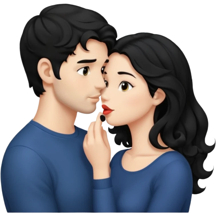 a handsome man with black short wavy hair, no beard tries to kiss a cute woman who has long~~ black hair emoji