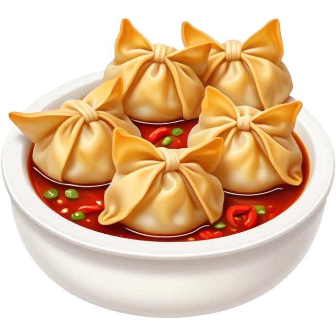 Sichuan spicy wontons in chili oil sauce, simplified emoji style with bold outlines and bright colors, cartoon style red Chinese dumplings Hongyan Chaoshou emoji