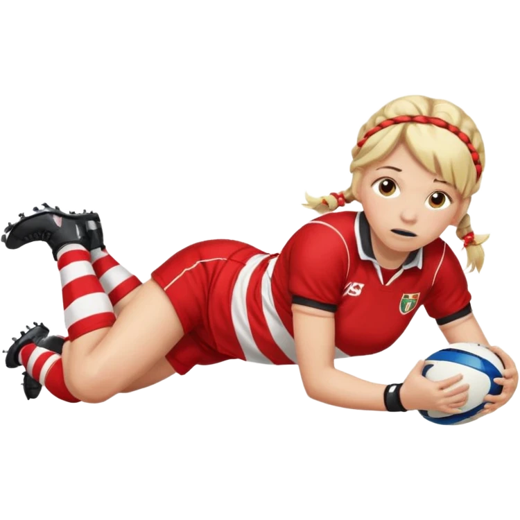 Chica de pelo rubio tirada en el suelo boca abajo agarrando un balón DE RUGBY con las manos vestida con una equipación de color rojo y blanco con líneas y con unas botas de tacos de fútbol, con un bucal en la boca y el pelo con trenzas, se la tienen que ver las piernas  emoji