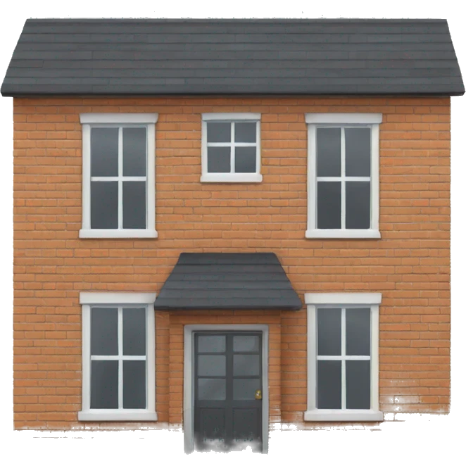 two floor house made of bricks, with dark grey windows and flat roof emoji