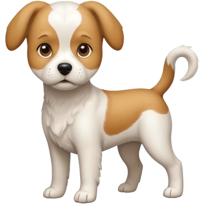 a full body white beagle x maltese x chi dog the size of a kelpie with light brown ears and a light brown patch on one eye emoji