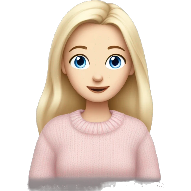 Pretty blue eyed white girl with light pink sweater reading cozy emoji
