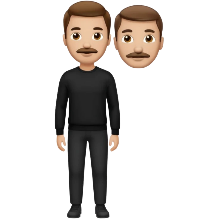 man with mustache, brown hair, 33years old, shirt, high temple Black pullover with a white shirt underneath and black fabric trousers 👕🖤👖 emoji