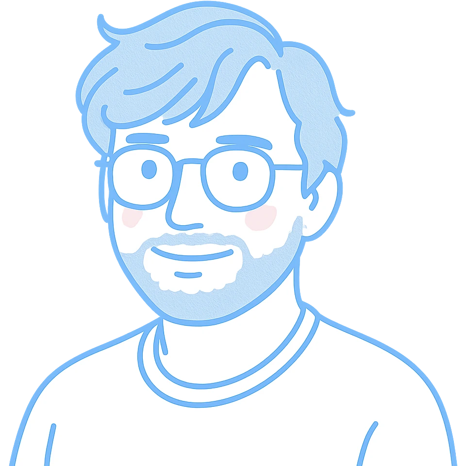 A man with round glasses, artfully messy longer hair with stylish sweeping bangs, a round but defined face shape, and a broader nose. Use lighter blue for all the outlines and features, a touch of pink highlights only on the cheeks for a natural flush, and gray exclusively for the short beard and necessary shadows. emoji