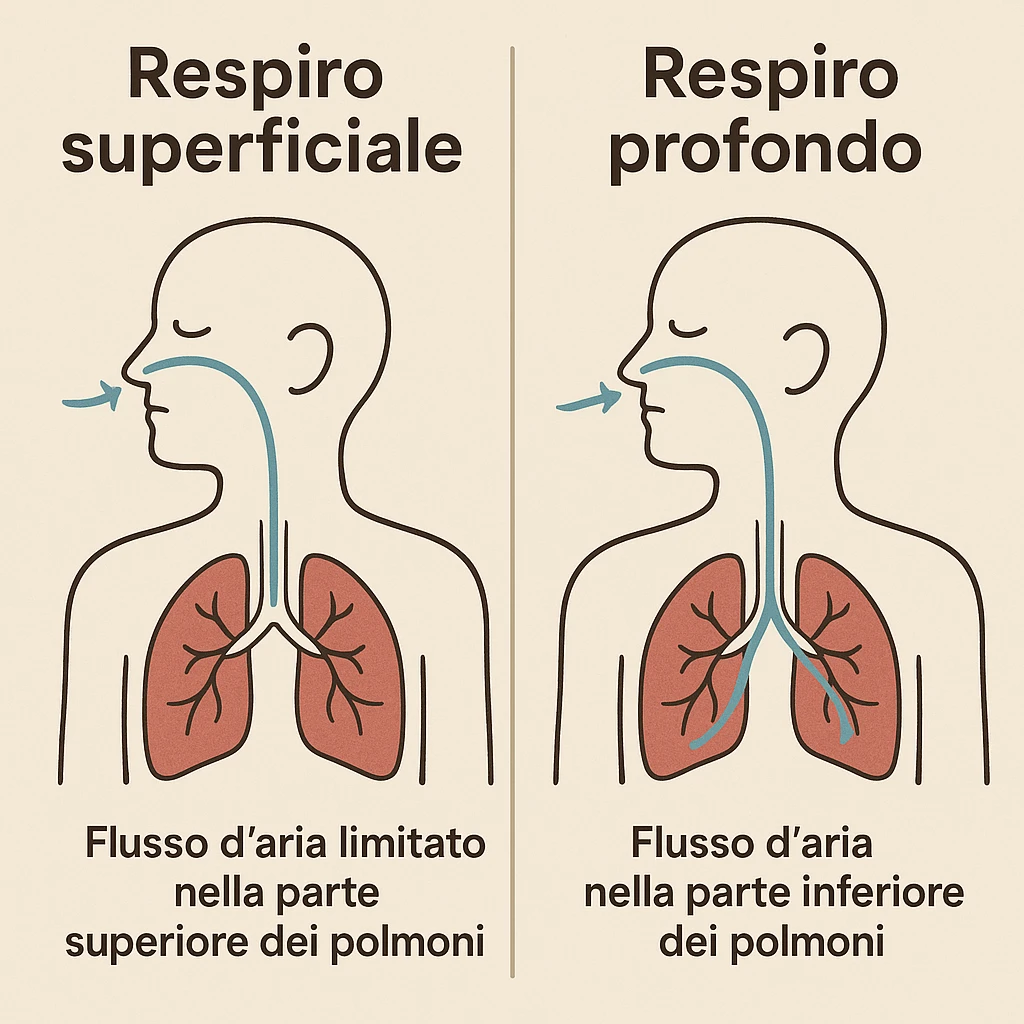 educational diagram comparing shallow and deep nasal breathing, caption in Italian emoji
