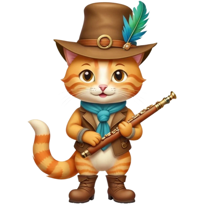 A playful orange tabby cat wearing a stylish feathered hat, big leather boots, and a confident smirk, holding a wooden flute. Inspired by Puss in Boots from Shrek, cartoonish style, vibrant colors, cute and mischievous expression. Emoji-style, simple emoji