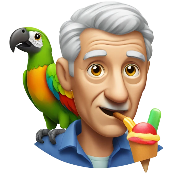Old man with gray hair portrait with a colorful parrot on his shoulder eating a popsicle  emoji