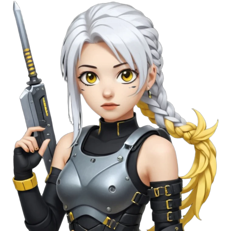  a closeup portrait of young woman with gold yellow eyes, white hair, long braid, black off-shoulder top d-cup, punk gothic style, futuristic cyberwave cyberpunk,  she has a plate carrier armor vest , and a old-style steel bulletproof combat helmet.  holding up a DAYZ combat knife emoji