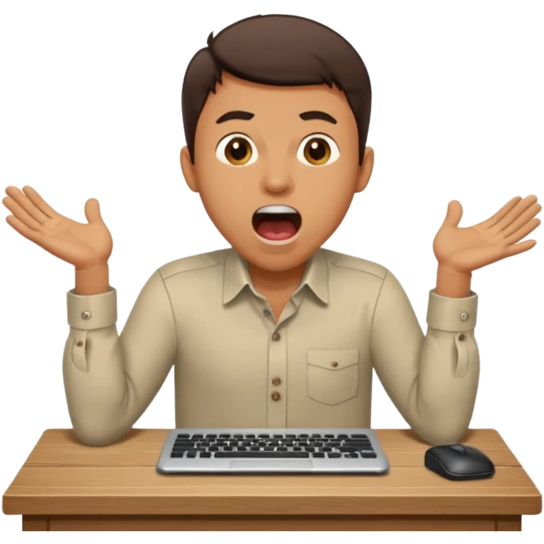 man at desk, mouth open shouting, typing fast emoji