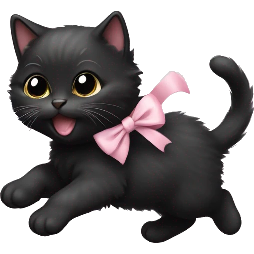 fluffy black fat kitten running with pale pink bow emoji