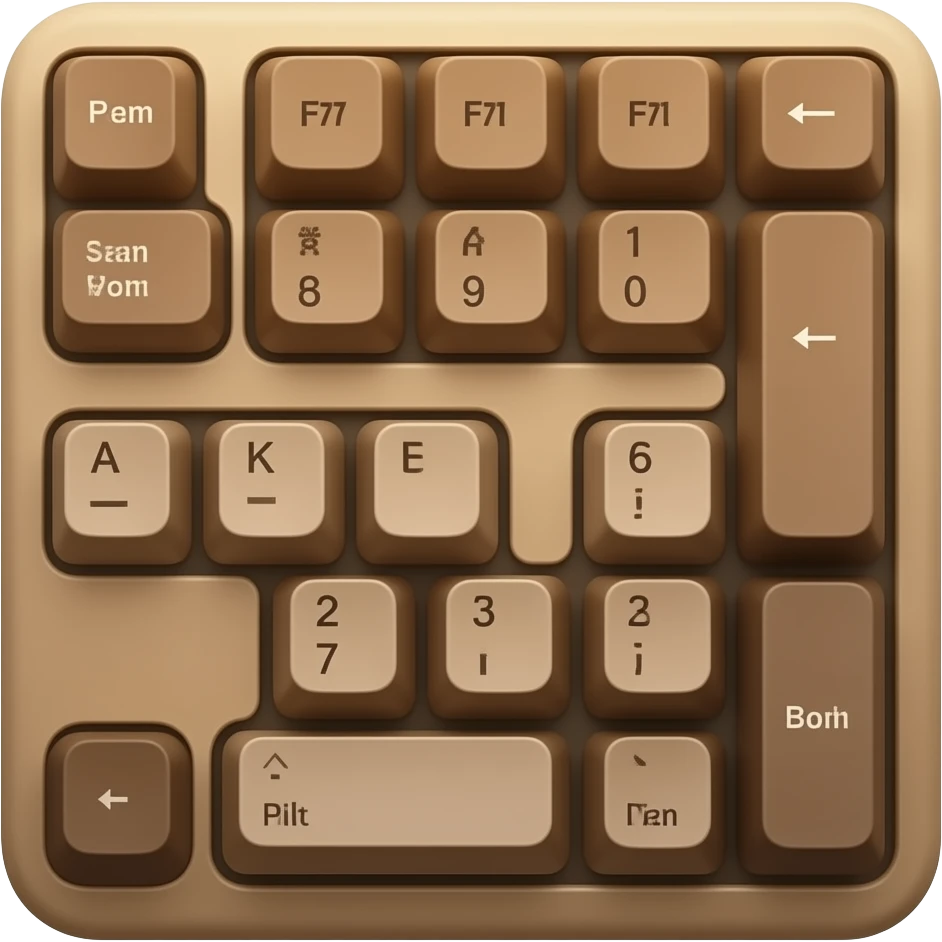 Brown mechanical computer keyboard emoji, over-ear desktop keyboard, warm brown tones, detailed keycaps, compact layout, soft matte texture, minimal 3D style, subtle shadows, clean high-quality emoji design, centered, isolated on transparent background emoji