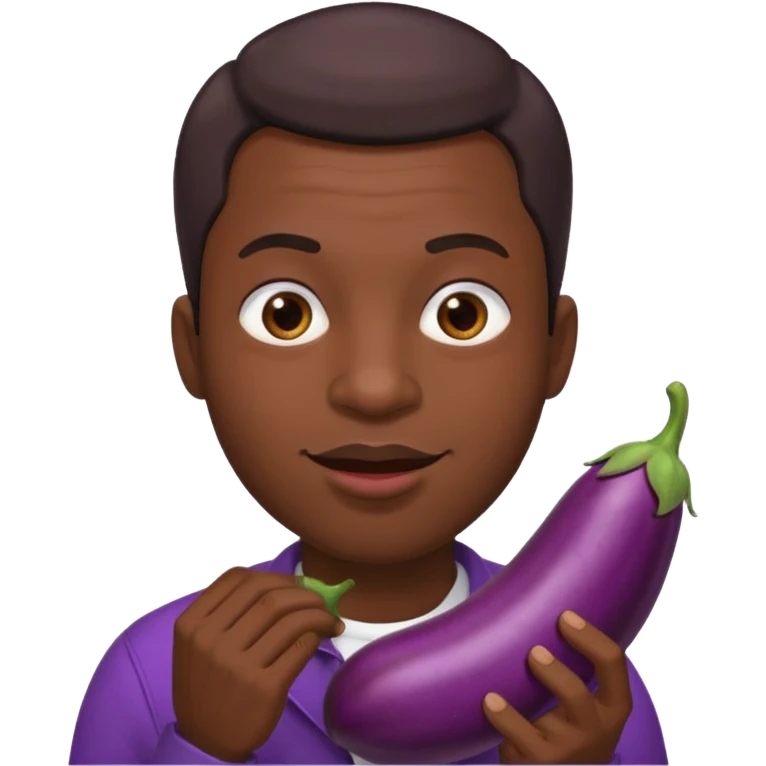 Black man biting his lip, while holding an eggplant infront of him emoji