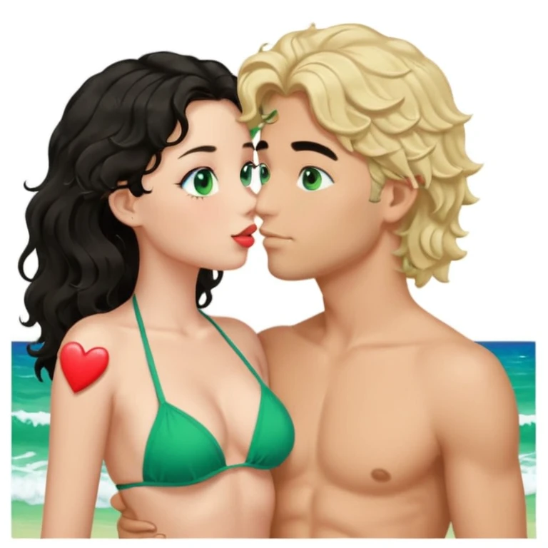 Blonde girl Green eyes wavy hair Green Bikini whole body Kissing man black Hair blue eyes Hearts in Body Background beach emoji