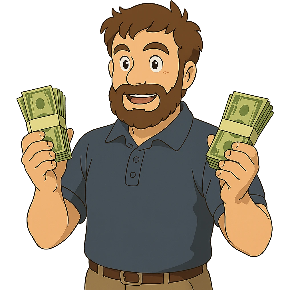 ghibli style bearded brown-haired man in a polo shirt holding bundles of bills emoji