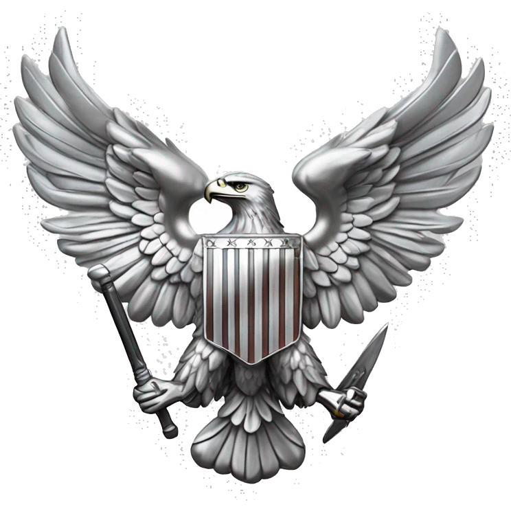 Create an emoji of a silver US Army O-6 Colonel insignia: a detailed silver eagle with outstretched wings, clutching arrows and bearing a shield on its chest. Ensure the background is transparent. The entire thing should be silver emoji