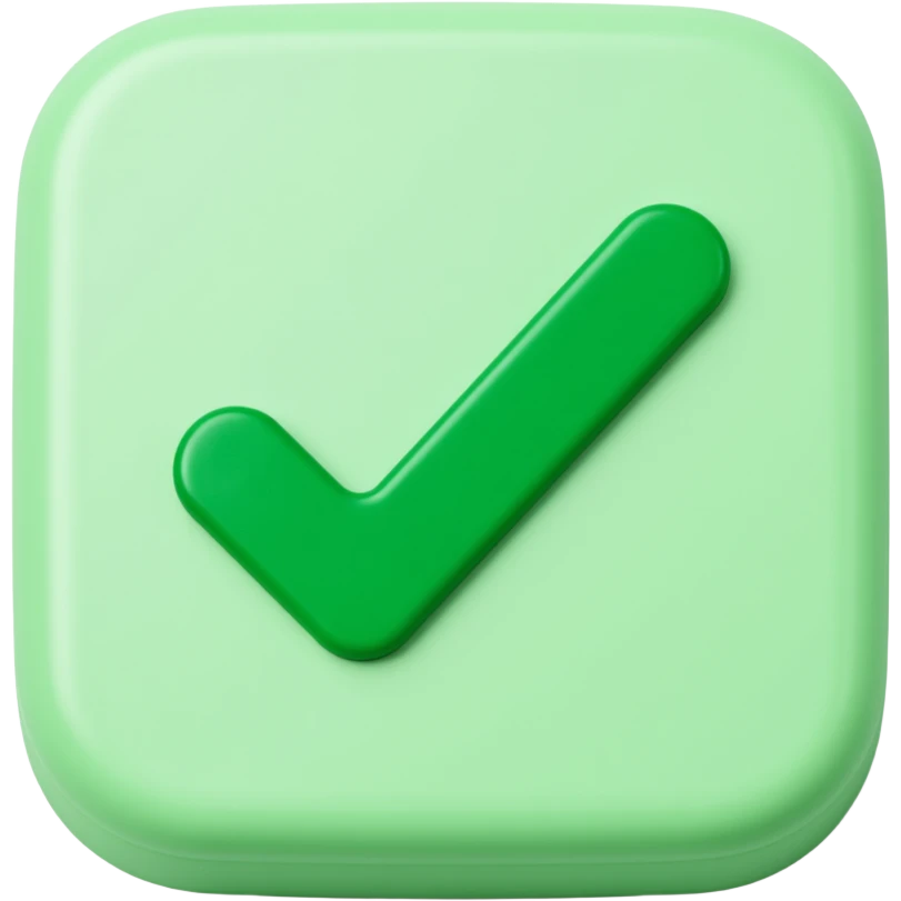 green checkmark button, 3D effect, skeuomorphism icon style, realistic lighting emoji