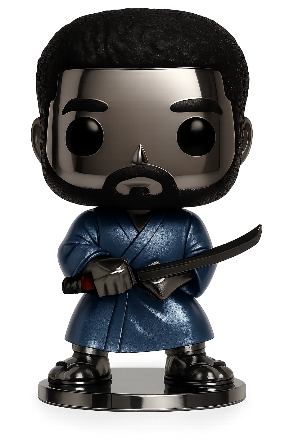 Make the Funko Pop figure's skin and base shiny chrome while keeping the exact same colors for the hair, eyes, clothing, and sword as in the reference image. All other colors should match the reference exactly. emoji