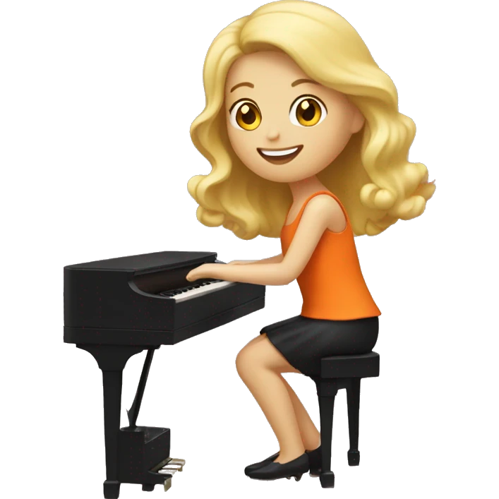 Blonde girl wearing an orange dress playing a brown upright piano emoji