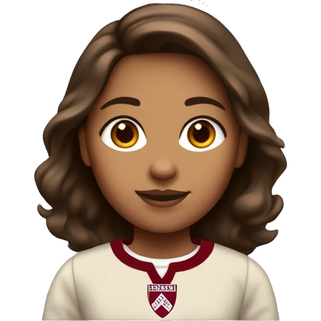 Girl with tan skin and brown hair wearing a dark red and white Harvard University sweater emoji
