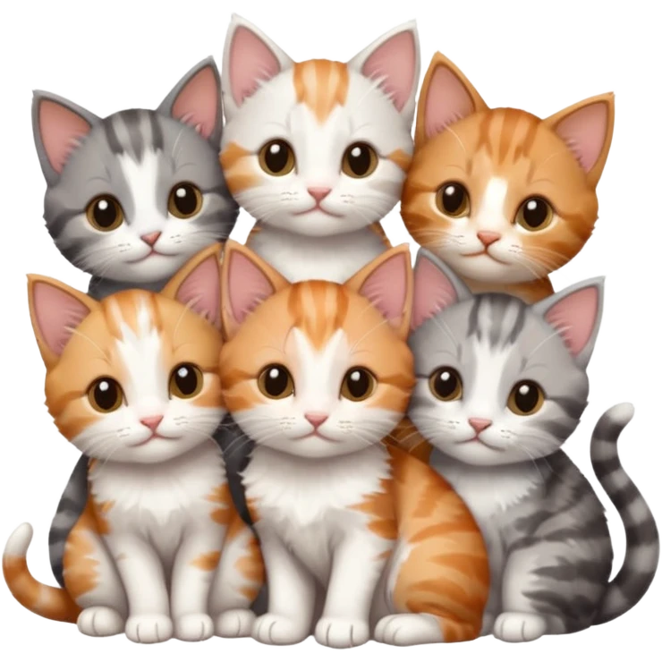 6 tiny kittens cuddling together all various different natural colours including grey and white, ginger and white, calico, grey, and brown tabby and white emoji