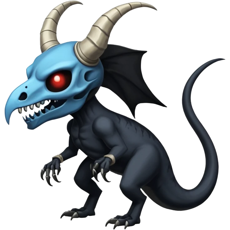 Shiny Dark Edgy  Duskull-Salandit-Inteleon-Amaura-Fakémon-hybrid-creature (full body) with a horned animal-skull-mask emoji