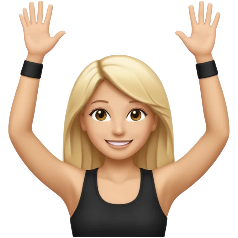 I want a white female dj animated gif emoji with long straight blonde hair putting hands up in the air. Wearing a black tight top with no sleeve emoji