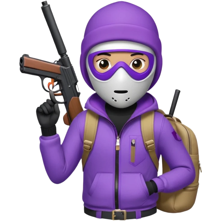 YN character in a ski mask, holding a pistol, purple jeans, Sprayground backpack emoji