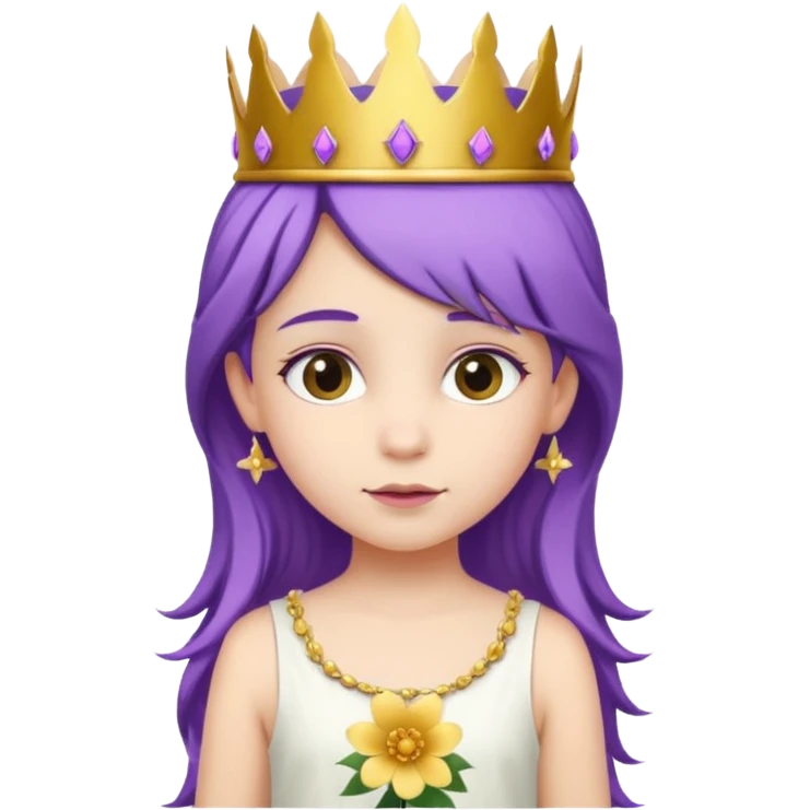 Princesses kid girl, with Gold Crown and flower on purple hair, with white dress emoji