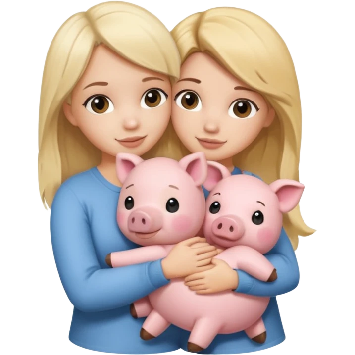 Girlfriends, blonde and brunette, hugging each other with a teddy bear and a little pig emoji