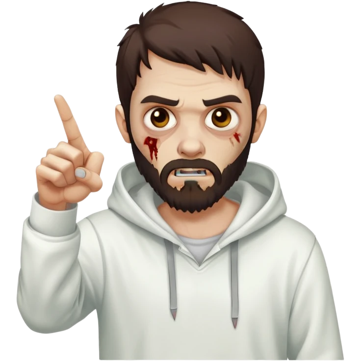 zombie pointing finger wearing white hoodie, with dark brown hair and short full beard emoji