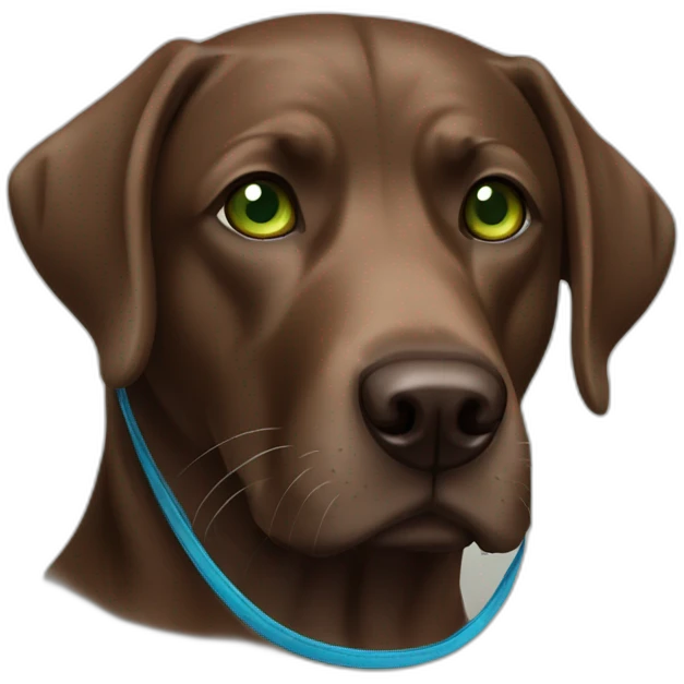 brown dog Labrador with green eyes and blue lead emoji