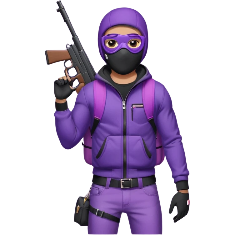 YN wearing a ski mask, holding a gun, purple jeans, Sprayground bookbag, confident stance emoji