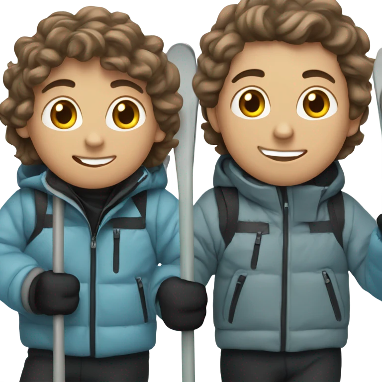 white Boy with wavy brown hair skiing with blue skis. He is wearing all black snow pants and a gray jacket   emoji