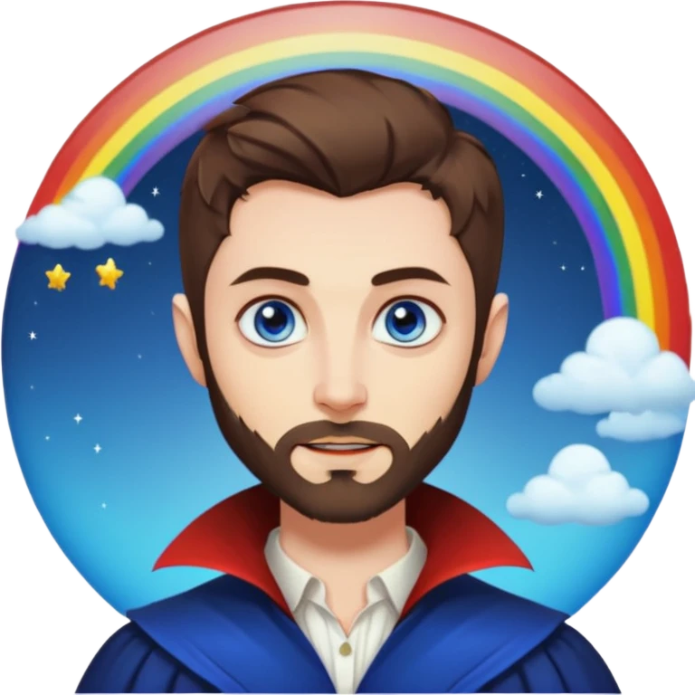 Vampire with blue eyes, short brown hair, short beard/scruff. rainbow moon behind him emoji