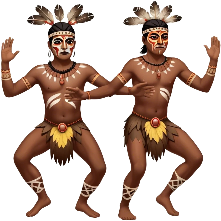 Cinematic Realistic scene of two indigenous male aboriginals performing an Aboriginal Corroboree, adorned in traditional body paint, A corroboree is an Australian Aboriginal ceremonial meeting. It usually includes celebration of Aboriginal mythology and spirituality, which is based in the Dreaming emoji