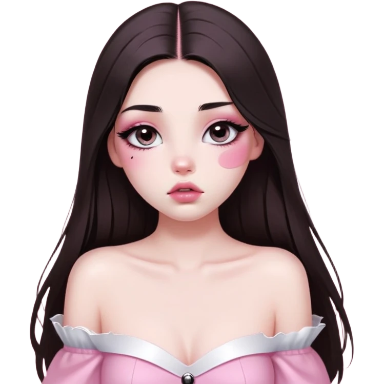 girl with white skin, dark brown long straight hair with middle part falling in front of her body, very big pouty extra shiny lips with absolutely no cupid's bow, big round shiny eyes with black eyeballs and huge eyelashes, no eyeshadow, pink blush on cheeks, lighter button nose, very long oval-shaped face, wearing a pink off-shoulder top, looking directly at camera with hands down at sides emoji