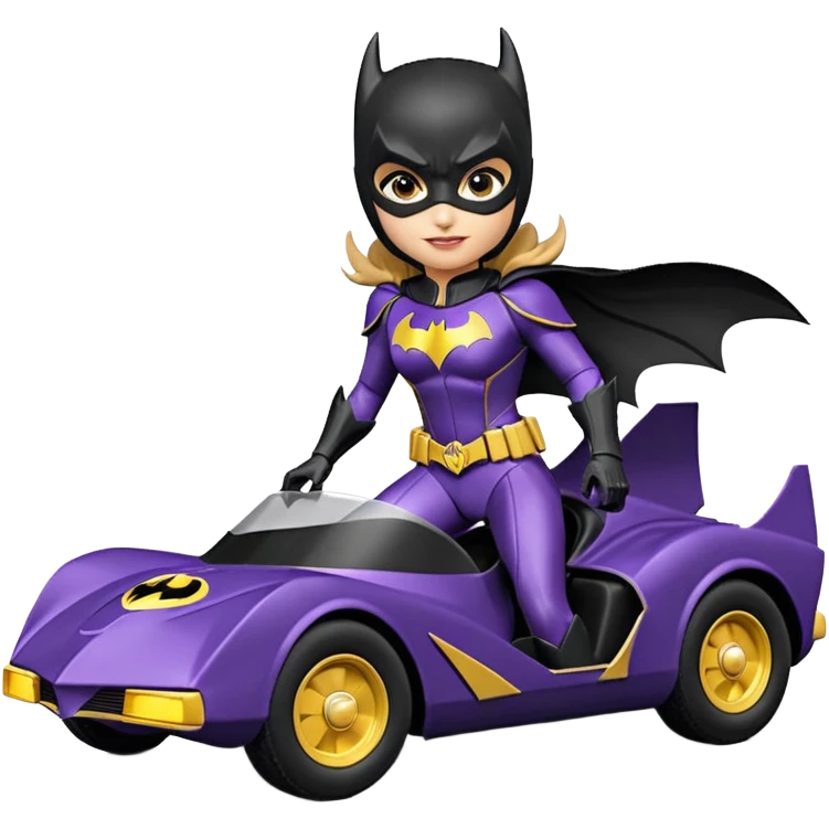 scale racing sexy fitted Batgirl’s heroic armor midnight-colored tight outfit 1970’s tv style dark knight stealthy accurate sporty safe plush deluxe off-road pursuit drifting F1 town car (black hair, shoulders back against seat) rally emoji