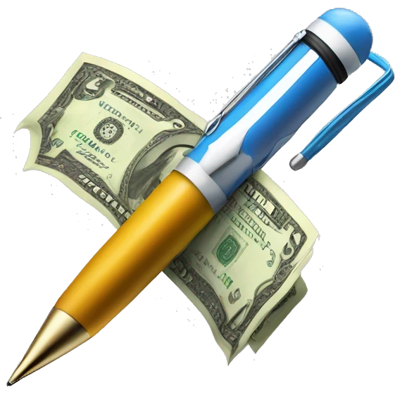 make a very fancy pen that has a dollar ($) type of arrow pointer towards a bag of money (copywriting) to indicate people that you make money by persuading people through writing emoji