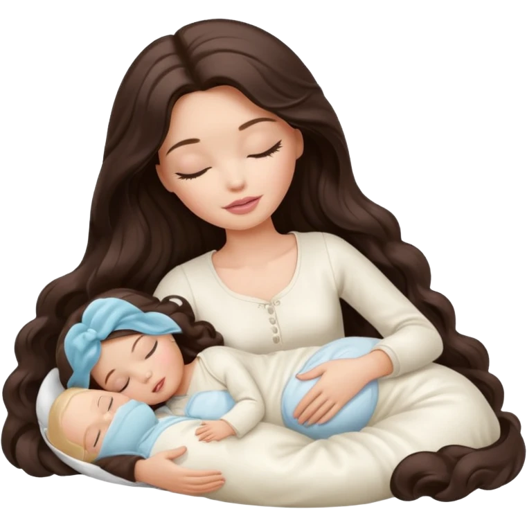 White Barbie girl dark brown long wavy hair sleeping with white baby at cream bed emoji