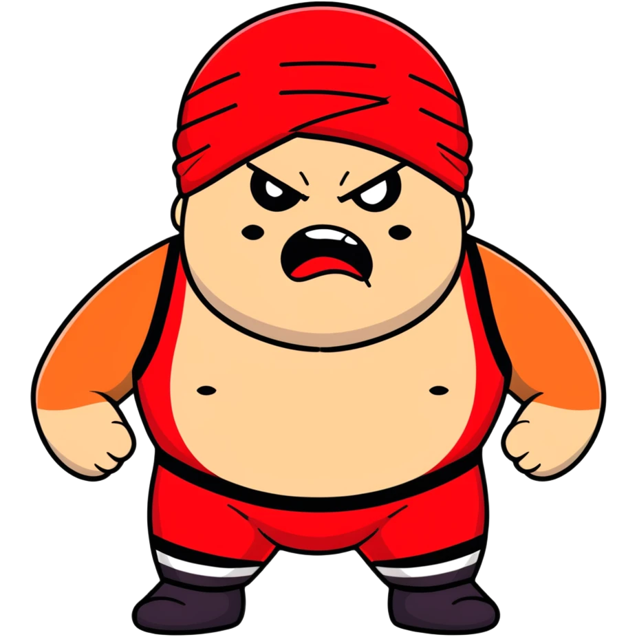 Close-up of white skin fat guy with prominent black durag, completely shaved face, no beard or mustache, black eyes in a red and black wrestling singlet with angry face emoji