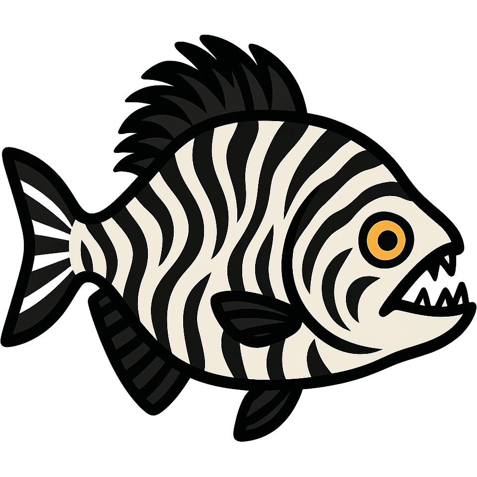flat toon style piranha with zebra pattern and horse mane, side view emoji