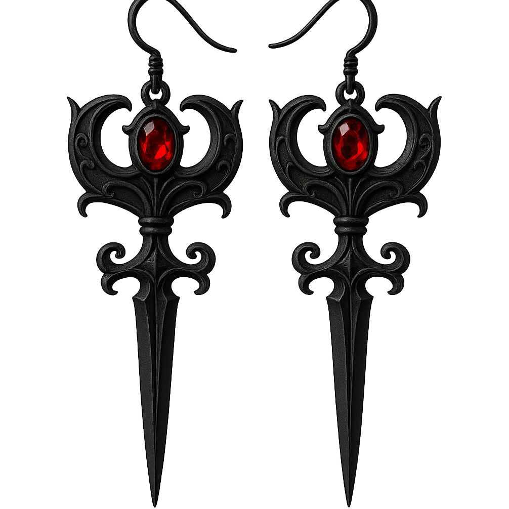goth earrings, black dagger with red gem, dramatic gothic, bold emoji