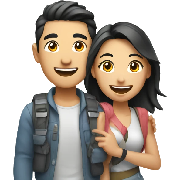 Attractive young  Asian couple excitedly traveling having fun emoji