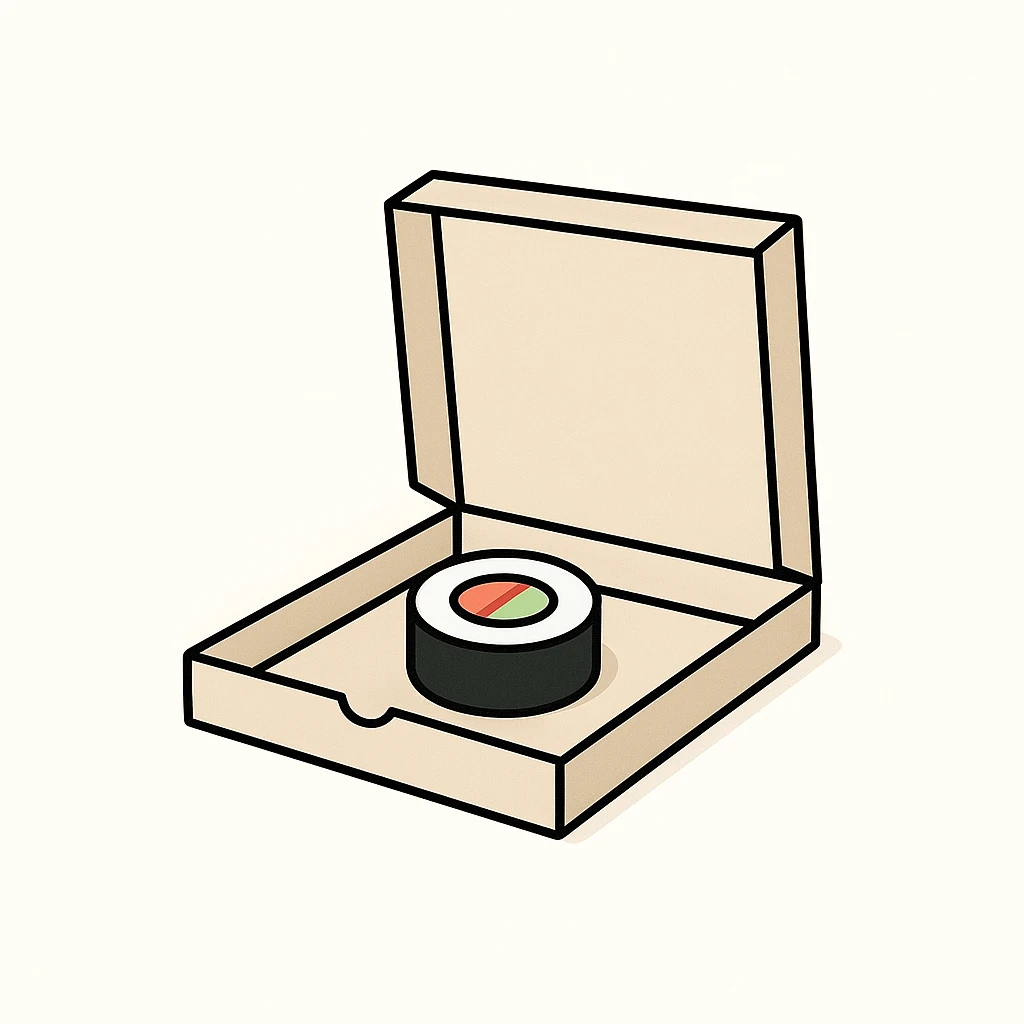 minimal style single sushi roll in a pizza box emoji