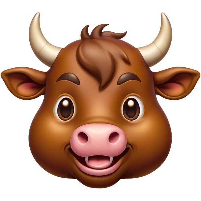 Cinematic Comical Brown Bull Portrait Emoji, Head tilted dramatically with an exaggeratedly amused expression, featuring a striking, glossy brown hide with a bold natural sheen, wide, expressive dark eyes filled with playful disbelief, Simplified yet hilariously expressive features, highly detailed, glowing with a slightly sassy glow, high shine, dramatic yet playful, stylized with an air of cheeky mischief, bright and endearing, soft glowing outline, capturing the essence of a spirited and over-the-top bull, so meme-worthy it feels like it could charge its way into internet fame instantly! emoji