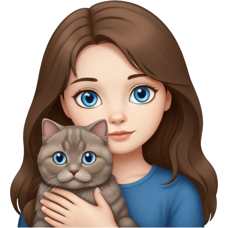 Girl with blue eyes and long brown hair holding a medium fluffy grey Scottish fold cat emoji
