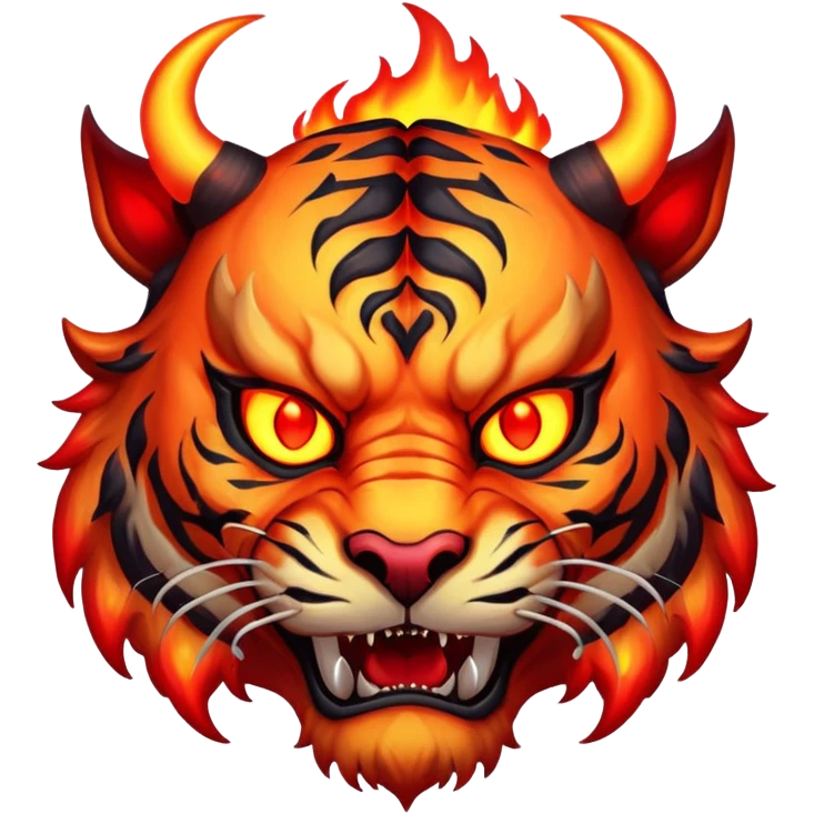 demon tiger face with horns red glowing eyes and fire for Twitch emote emoji