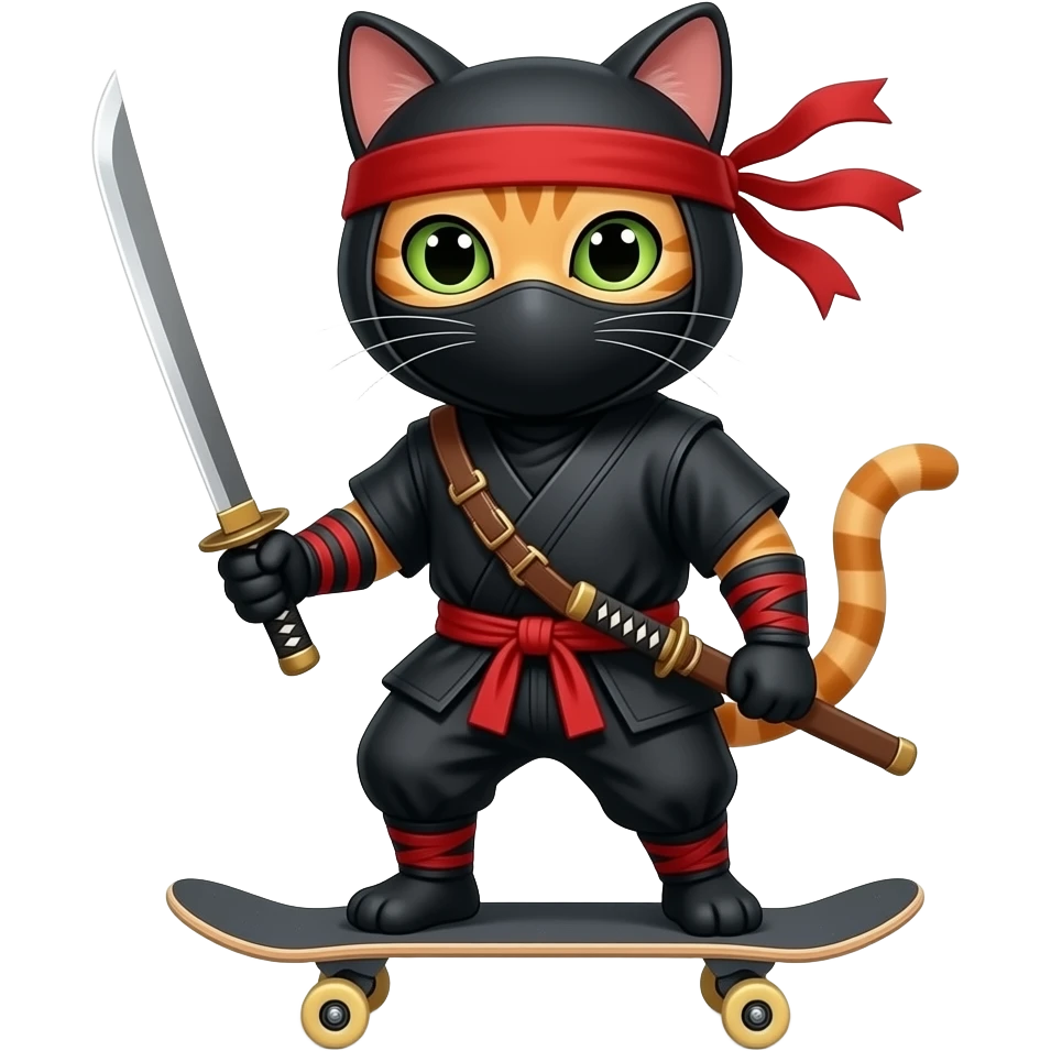 hazme un gato que este con en skate partinando con un oufit de un Ninja con lo colores de españa con una katana emoji