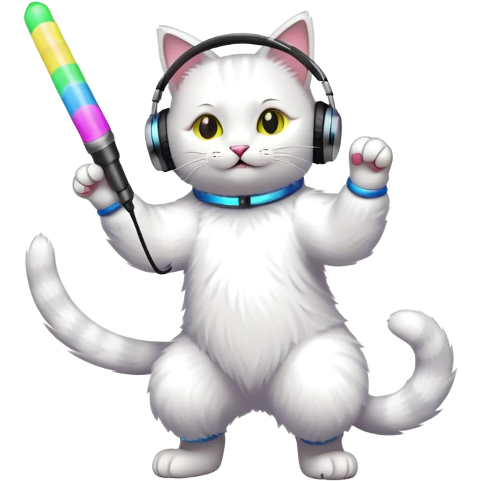 cat dancing with headphones, glow sticks, college party atmosphere emoji